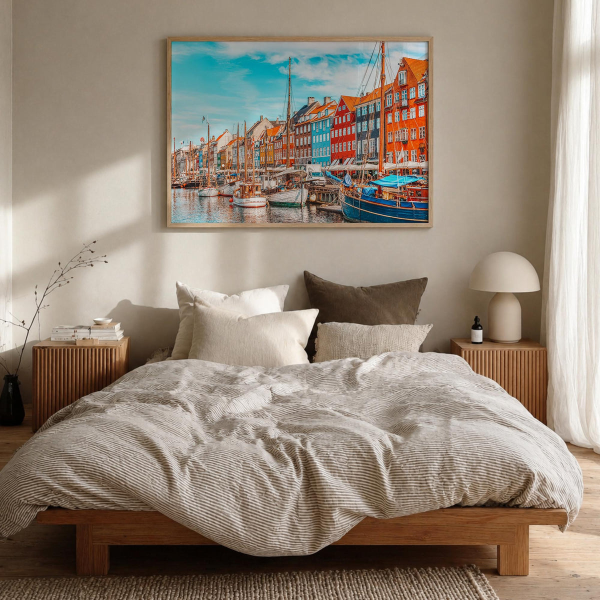 Copenhagen colorful photo poster of Denmark – horizontal wall art in natural wood frame, hanging on wall