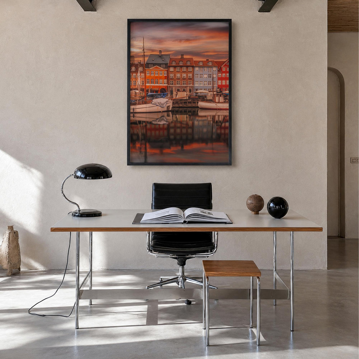Copenhagen no. 1 colorful photo poster of Denmark – vertical wall art in black wood frame, hanging on wall