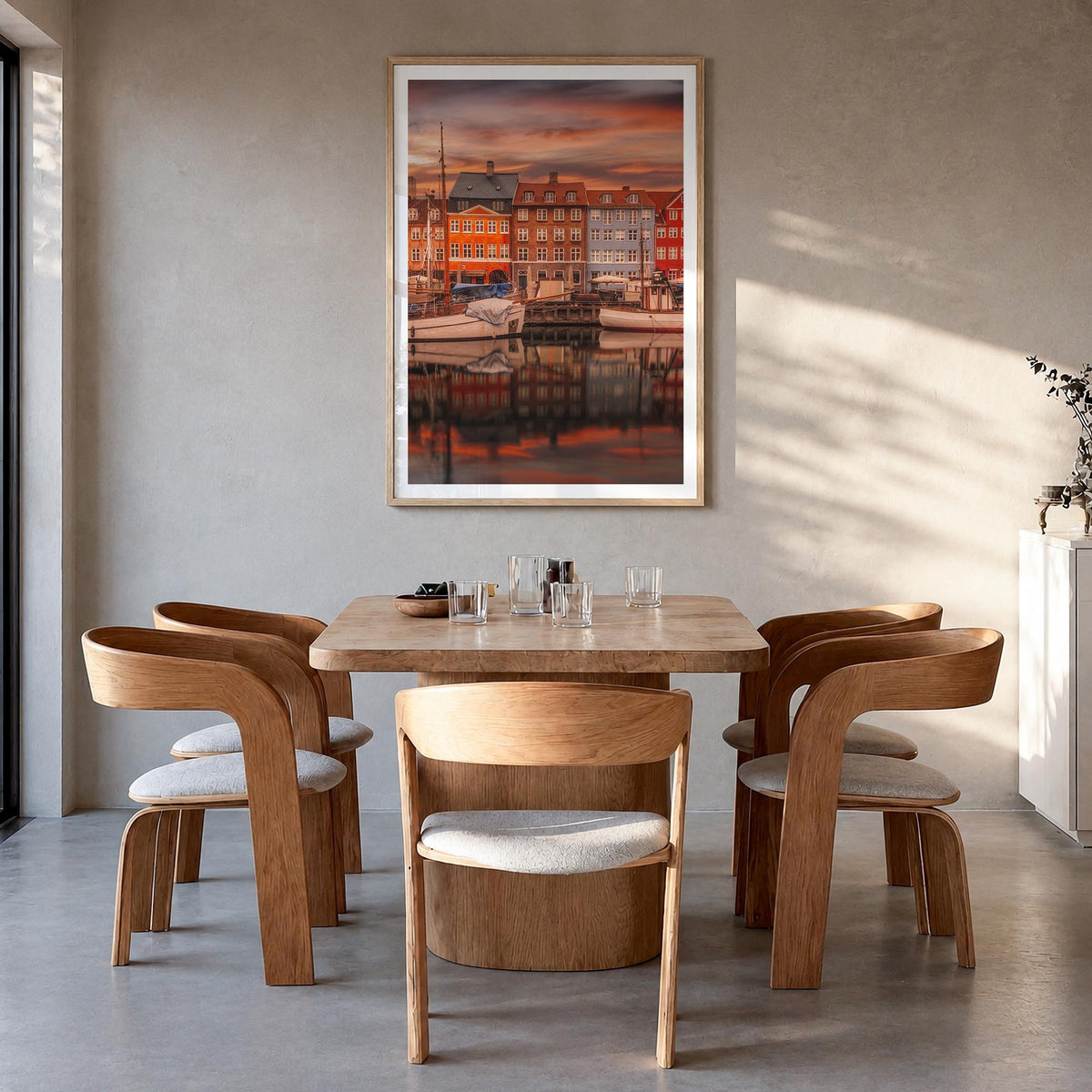 Copenhagen no. 1 colorful photo poster of Denmark – vertical wall art in natural wood frame with white border, hanging on wal