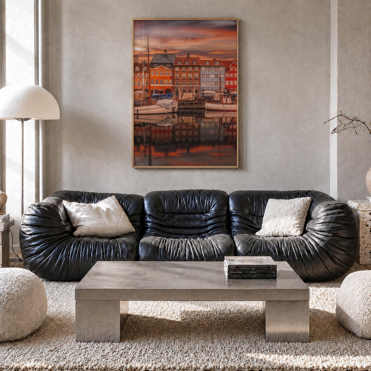 Copenhagen no. 1 colorful photo poster of Denmark – vertical wall art in natural wood frame, hanging on wall