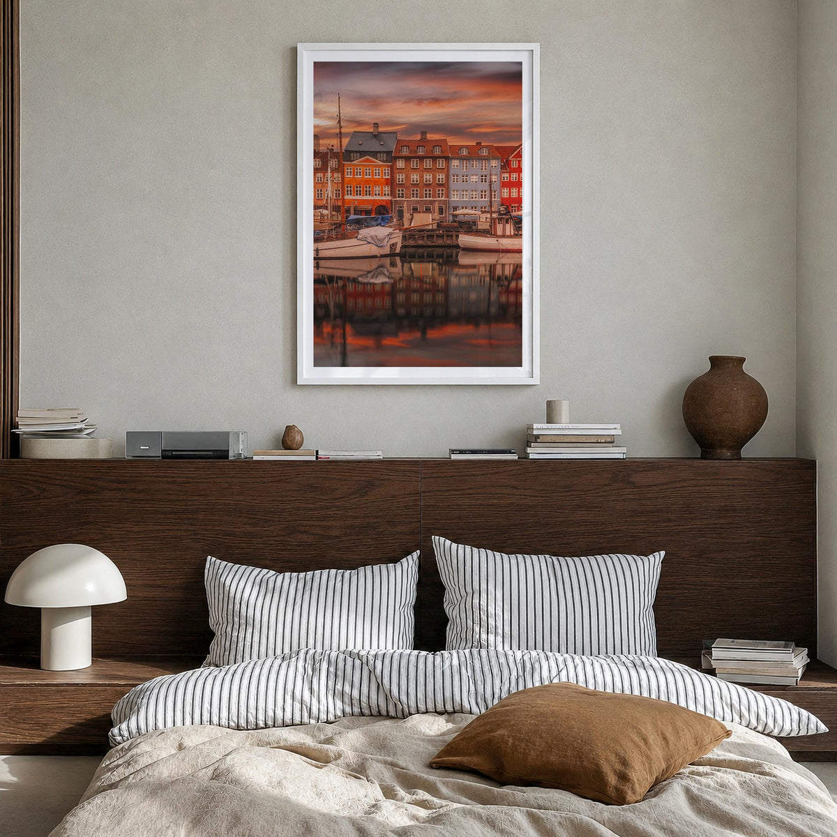 Copenhagen no. 1 colorful photo poster of Denmark – vertical wall art in white wood frame with white border, hanging on wall