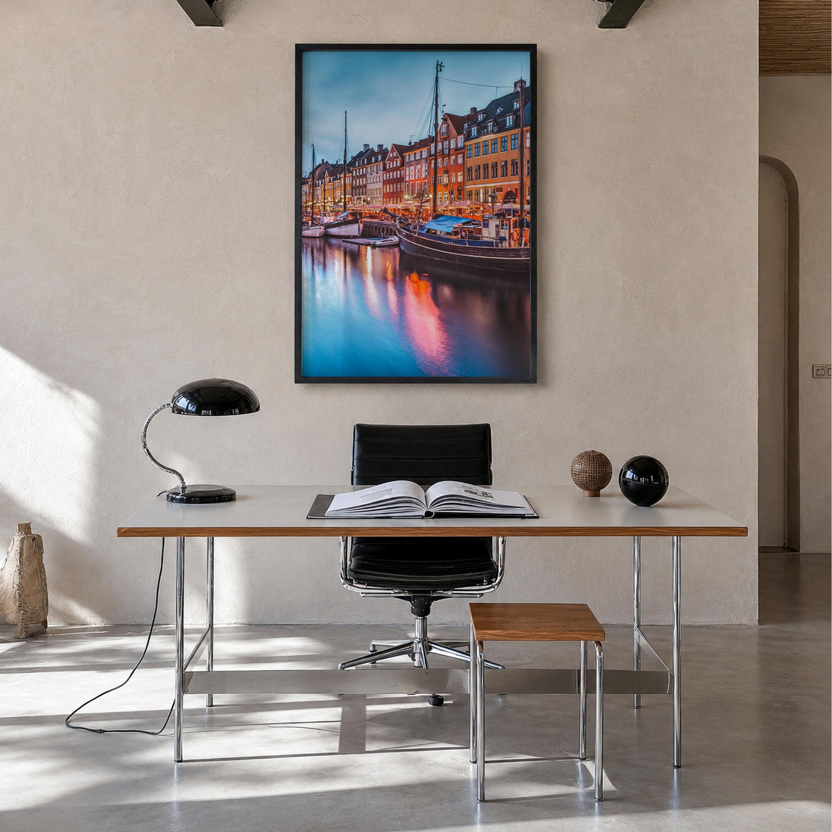 Copenhagen no. 2 colorful photo poster of Denmark – vertical wall art in black wood frame, hanging on wall