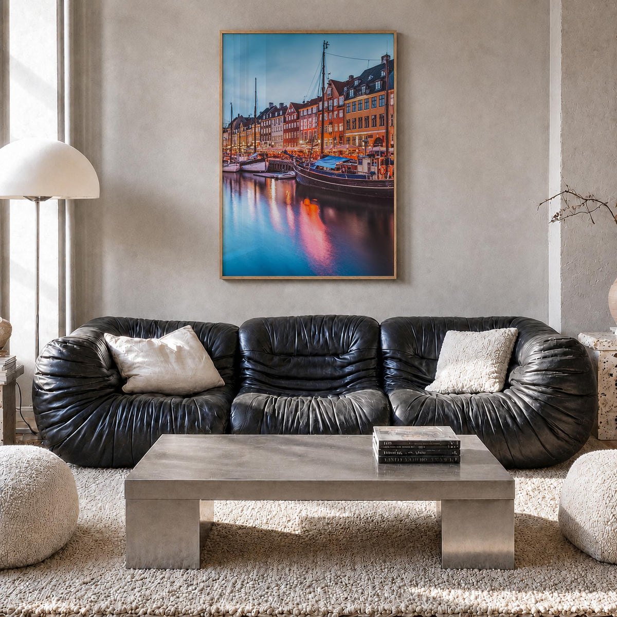 Copenhagen no. 2 colorful photo poster of Denmark – vertical wall art in natural wood frame, hanging on wall
