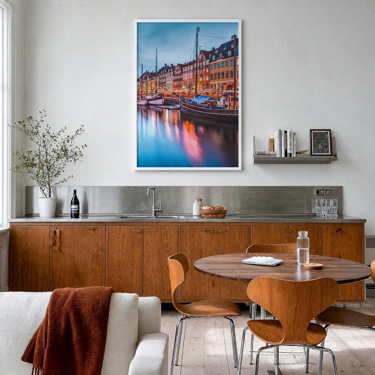 Copenhagen no. 2 colorful photo poster of Denmark – vertical wall art in white wood frame, hanging on wall