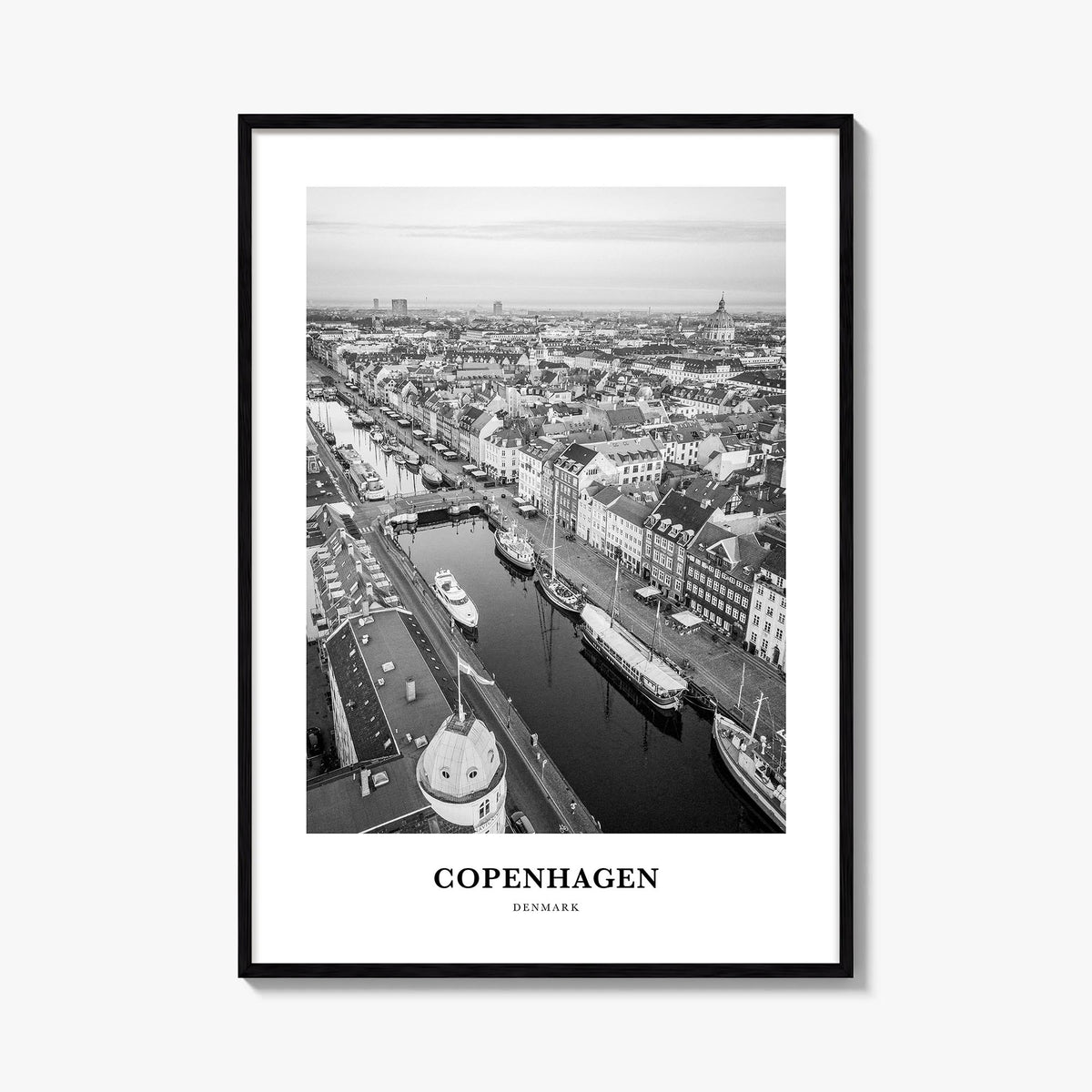 Copenhagen no. 3 black & white classic poster of Denmark – vertical wall art, unframed print shown in interior mockup
