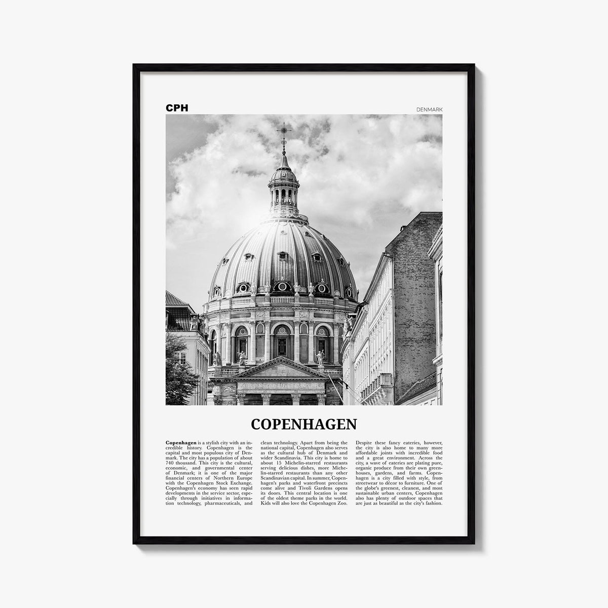 Copenhagen no. 3 black & white newspaper poster of Denmark – vertical wall art, unframed print shown in interior mockup
