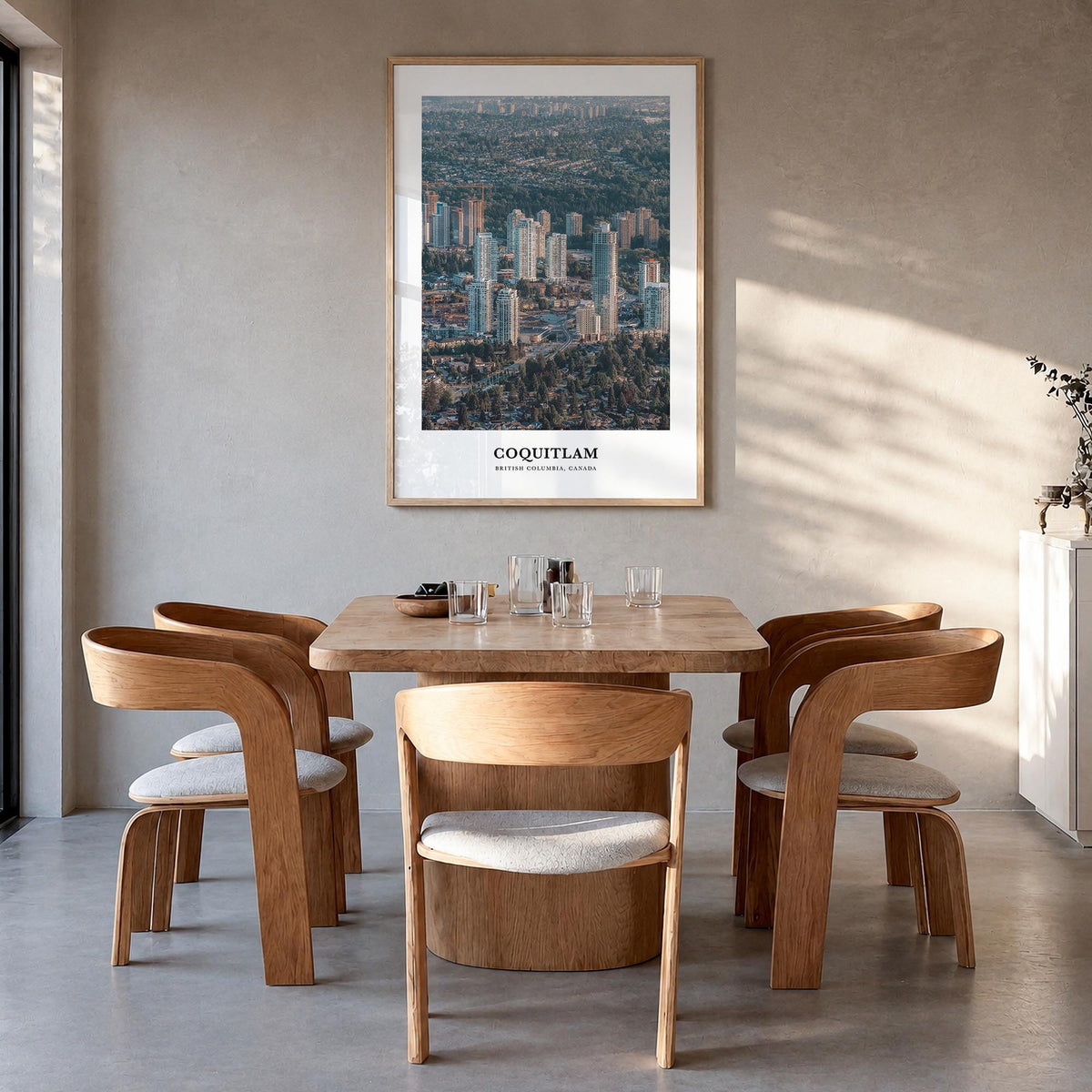 Coquitlam no. 1 colorful classic poster of British Columbia, Canada – vertical wall art in natural wood frame, hanging on wal