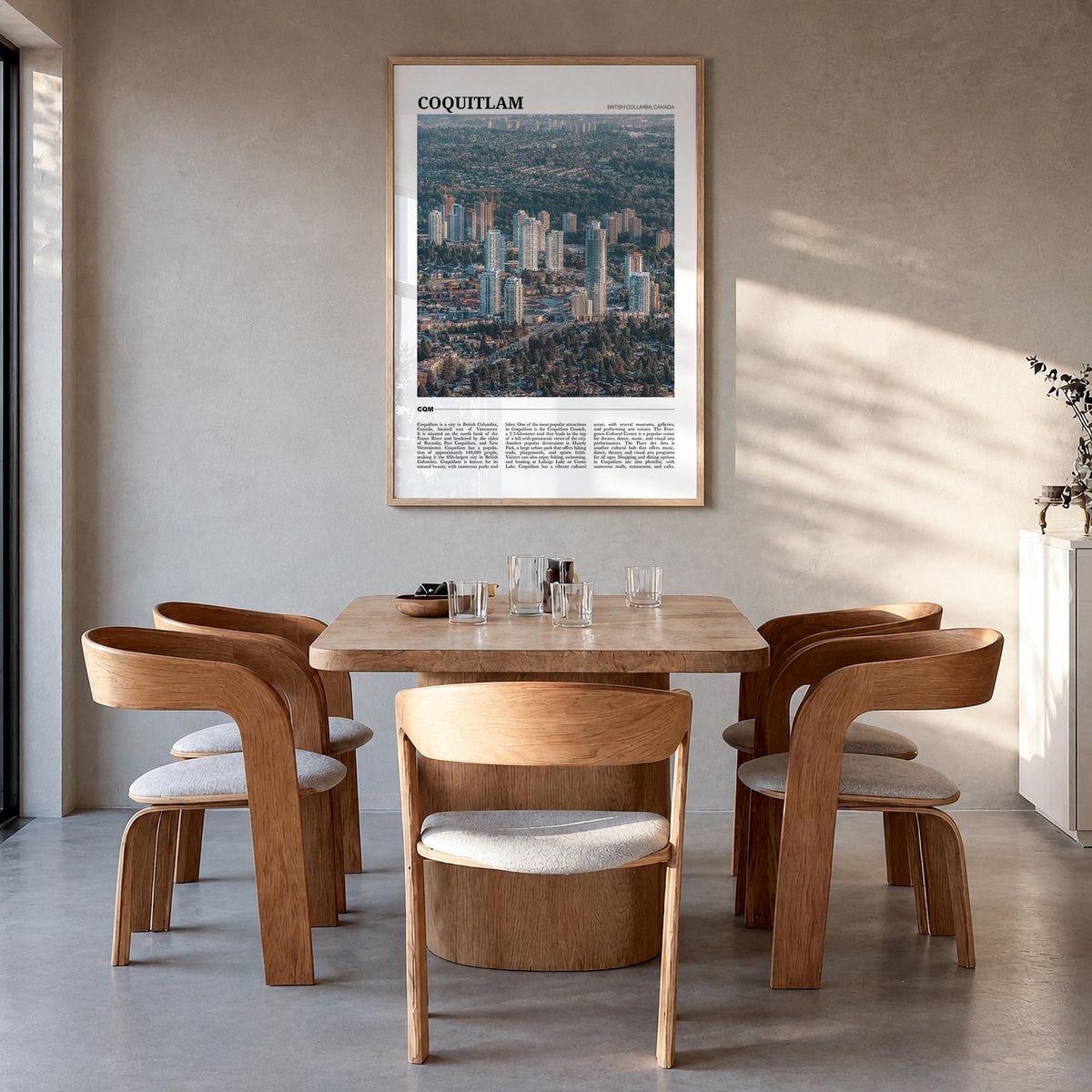 Coquitlam no. 1 colorful travel poster of British Columbia, Canada – vertical wall art in natural wood frame, hanging on wall