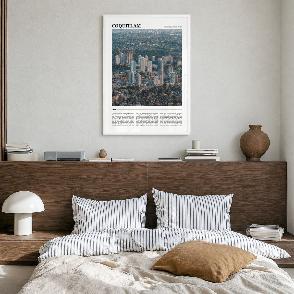 Coquitlam Travel No 1 Poster in a white wood frame, hanging in a bedroom