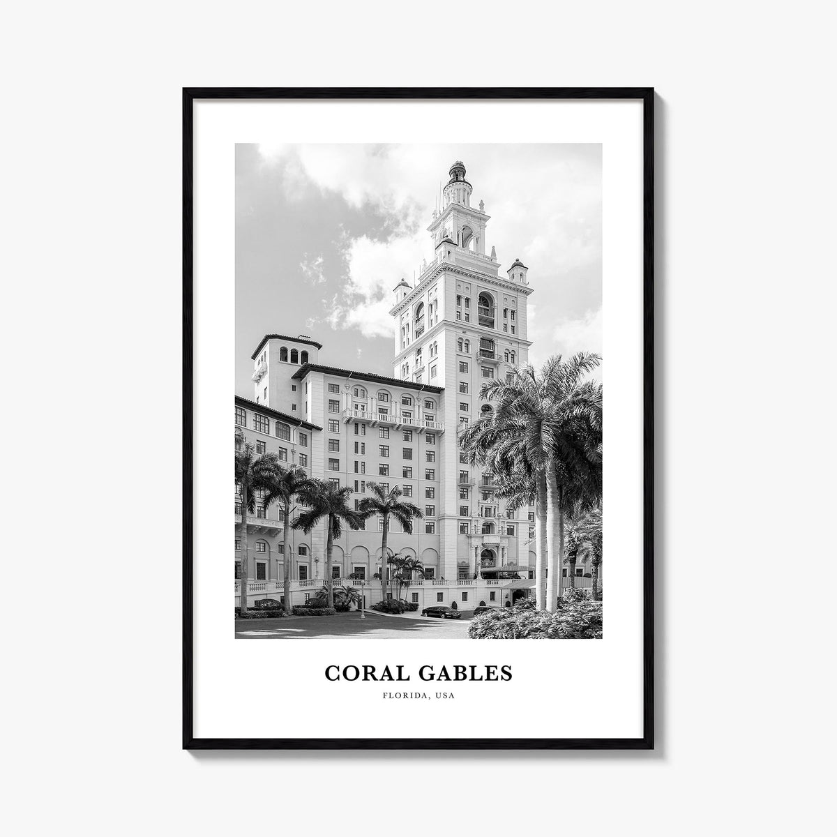 Coral Gables black & white classic poster of Florida, USA – vertical wall art, unframed print shown in interior mockup