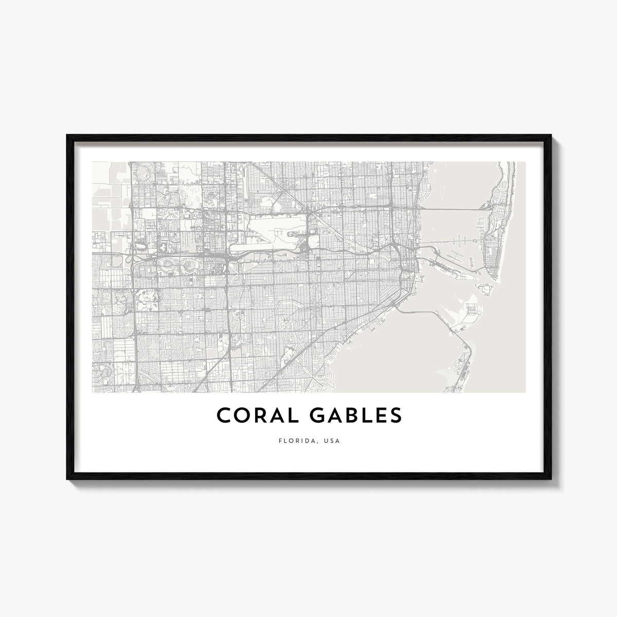 Coral Gables black & white map poster of Florida, USA – horizontal wall art, unframed print shown in interior mockup