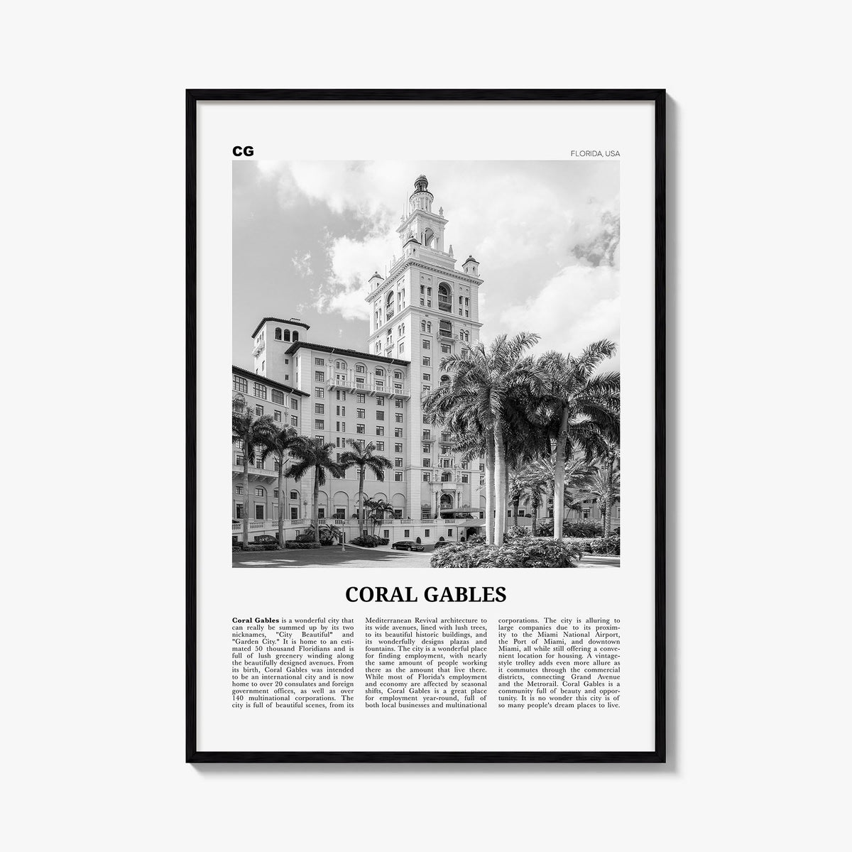Coral Gables black & white newspaper poster of Florida, USA – vertical wall art, unframed print shown in interior mockup