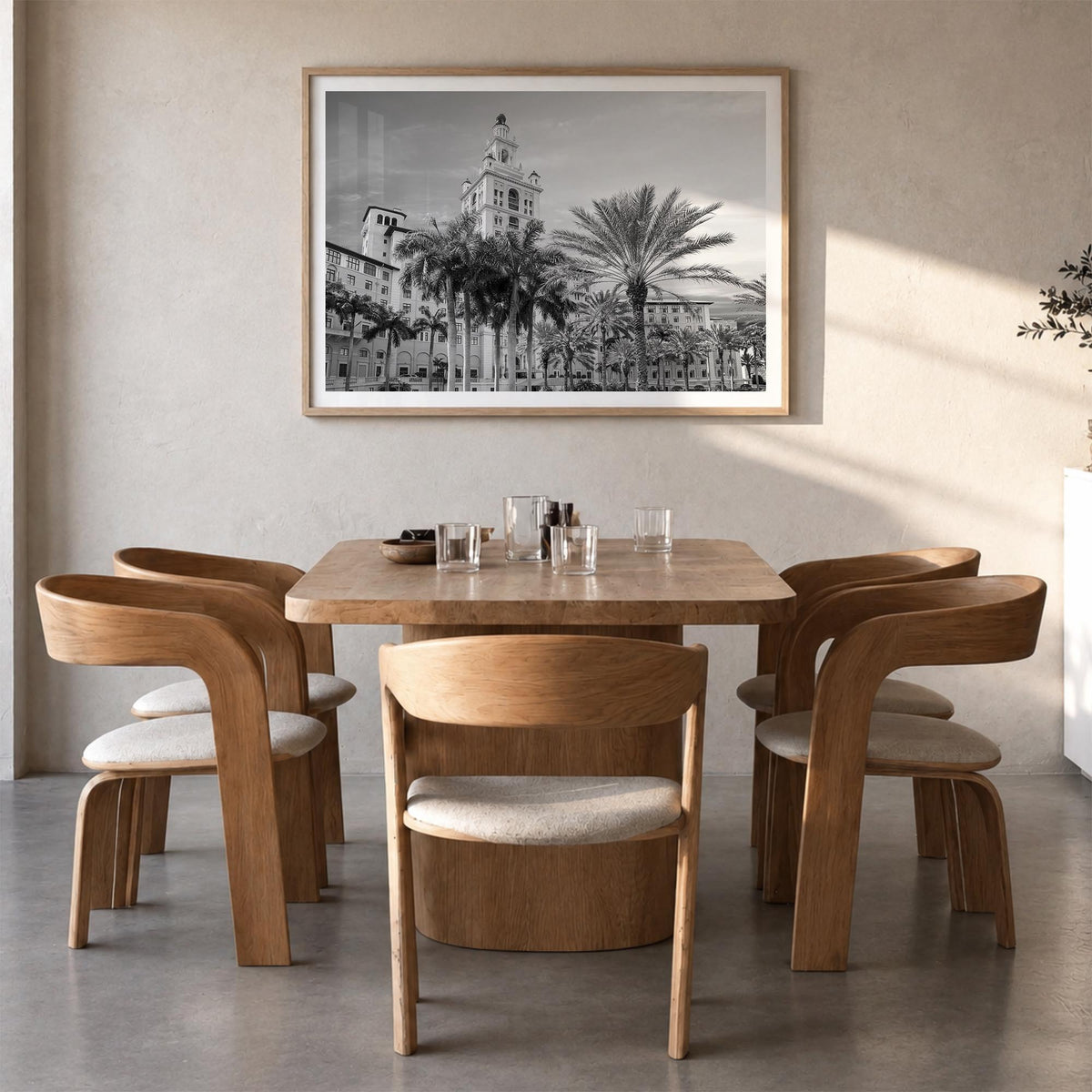 Coral Gables black & white photo poster of Florida, USA – horizontal wall art in natural wood frame with white border, hangin