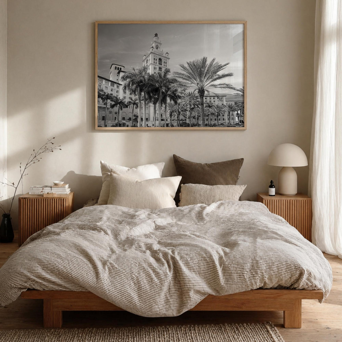Coral Gables black & white photo poster of Florida, USA – horizontal wall art in natural wood frame, hanging on wall