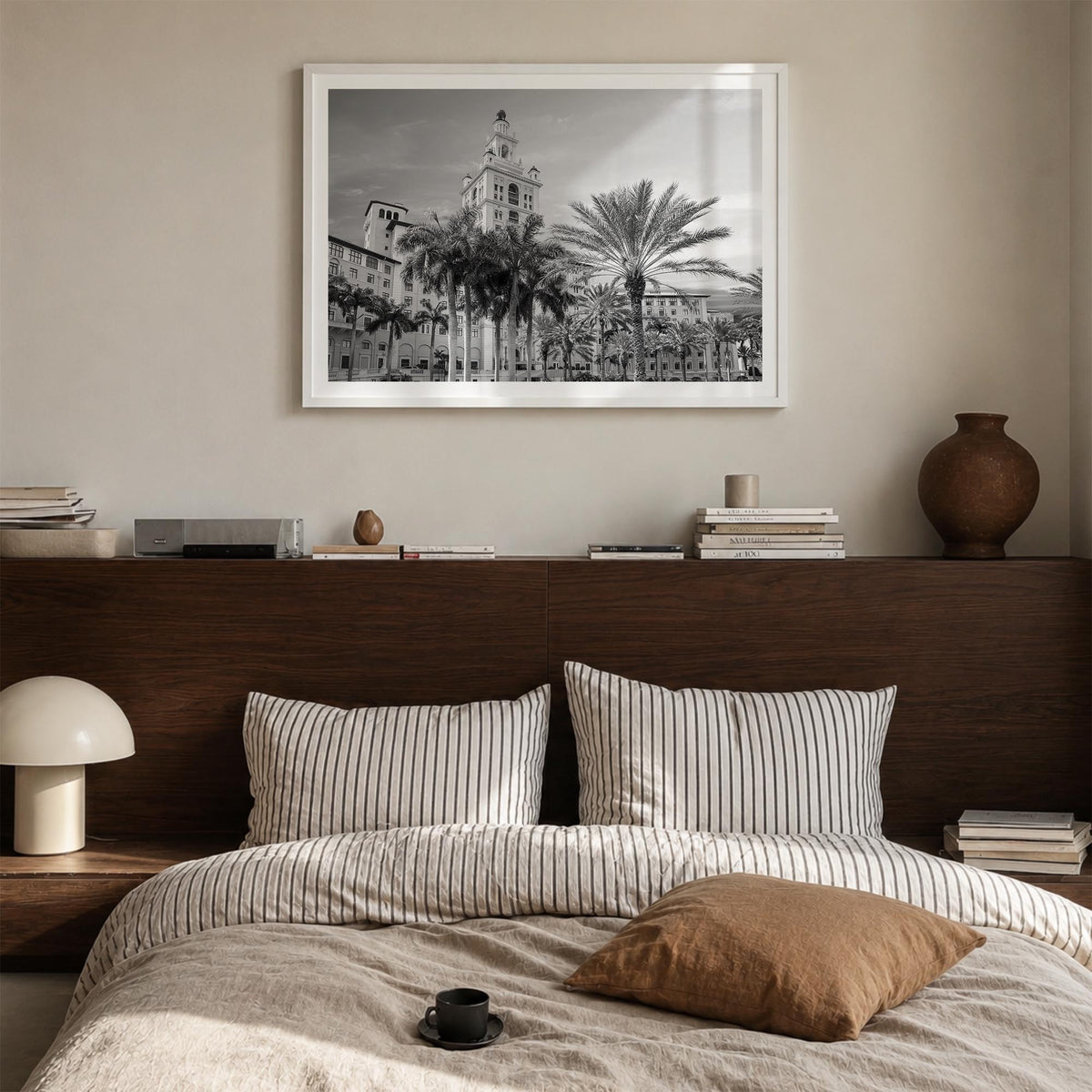 Coral Gables black & white photo poster of Florida, USA – horizontal wall art in white wood frame with white border, hanging