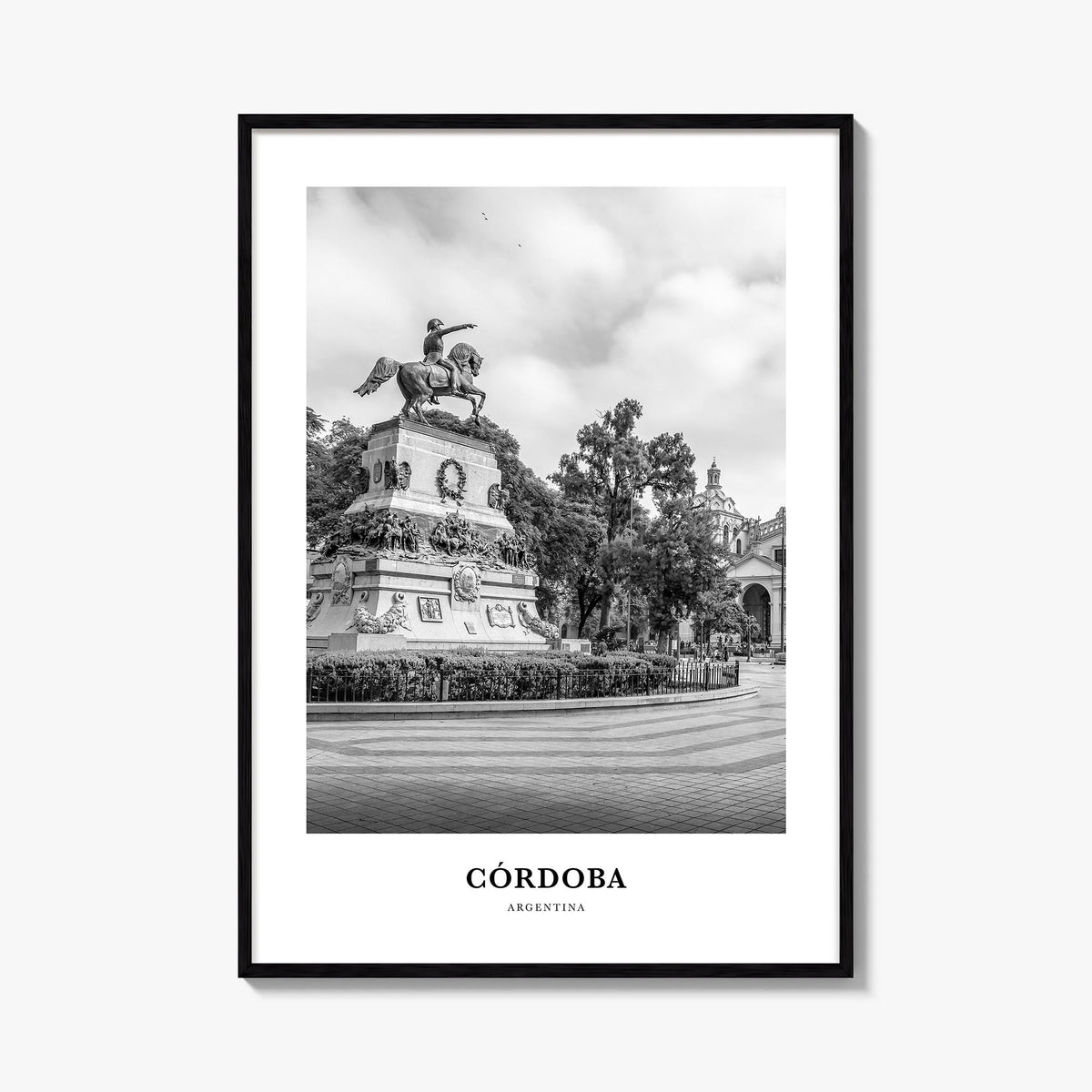 Córdoba, Argentina black & white classic poster of Argentina – vertical wall art, unframed print shown in interior mockup