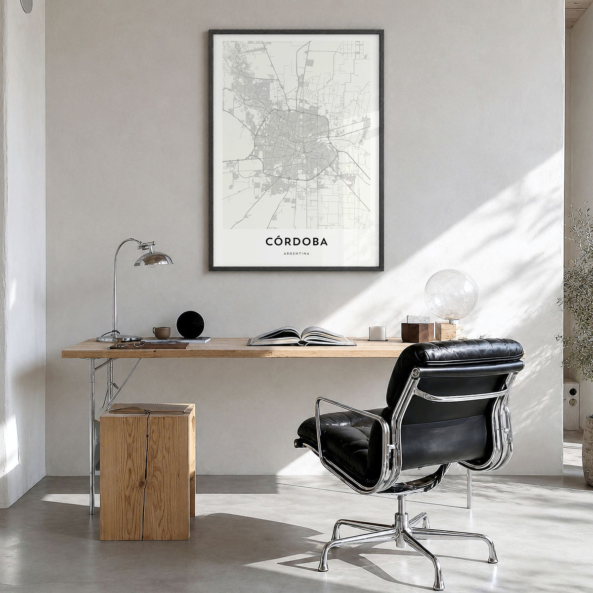 Córdoba, Argentina Map Poster in a black wood frame, hanging in a bright home office