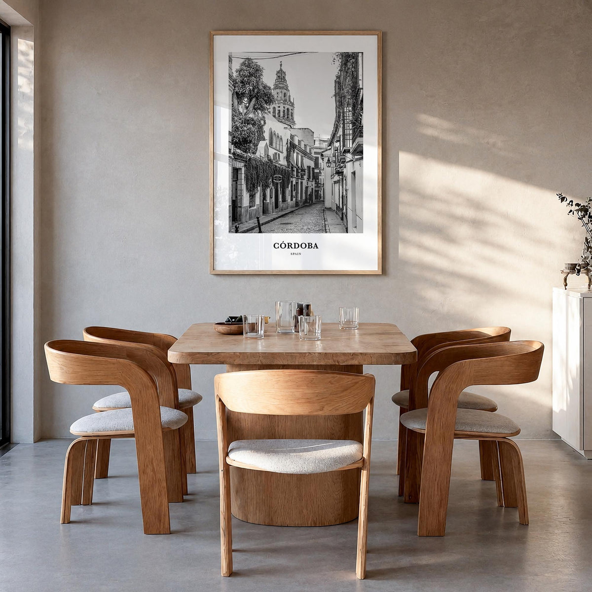 Córdoba, Spain black & white classic poster of Spain – vertical wall art in natural wood frame, hanging on wall