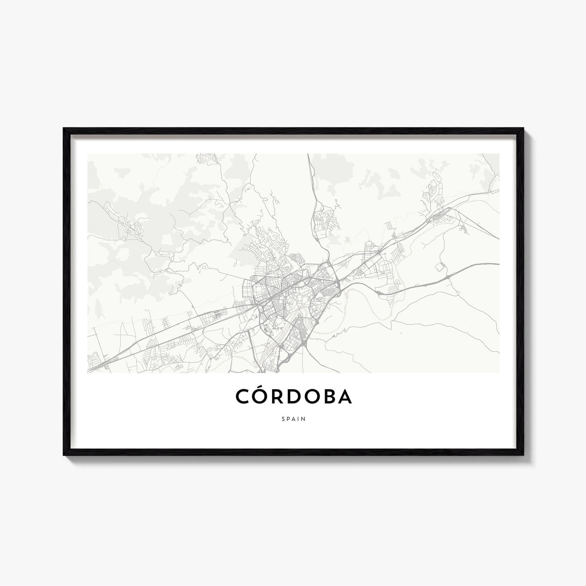 Córdoba, Spain black & white map poster of Spain – horizontal wall art, unframed print shown in interior mockup