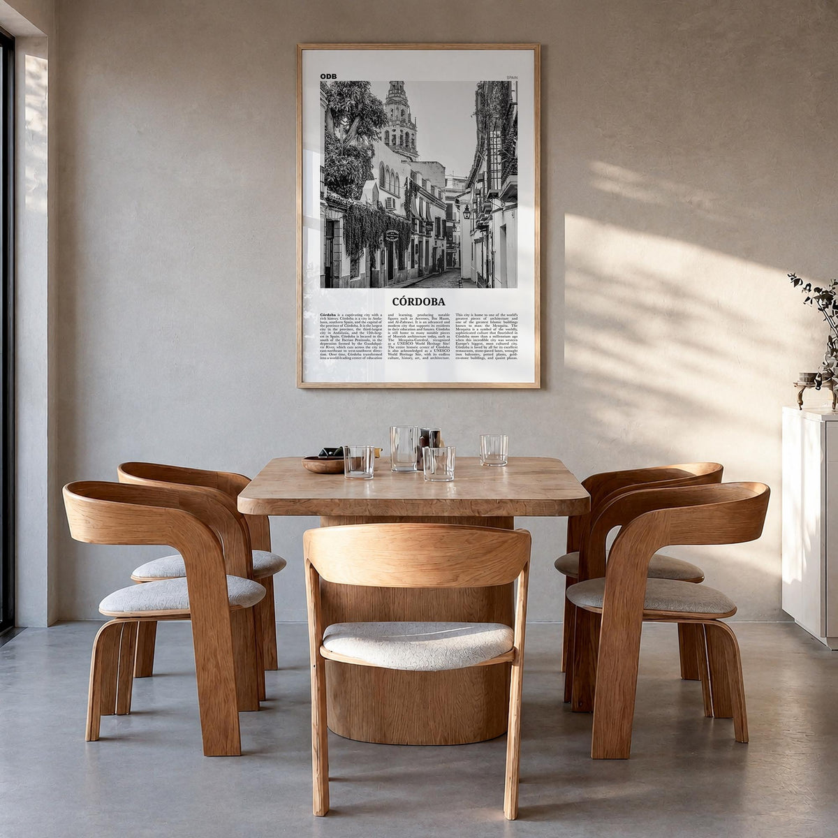 Córdoba, Spain black & white newspaper poster of Spain – vertical wall art in natural wood frame, hanging on wall