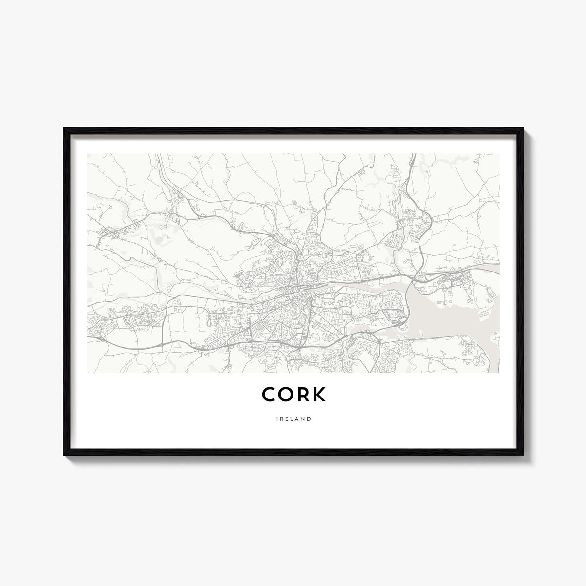 Cork black & white map poster of Ireland – horizontal wall art, unframed print shown in interior mockup