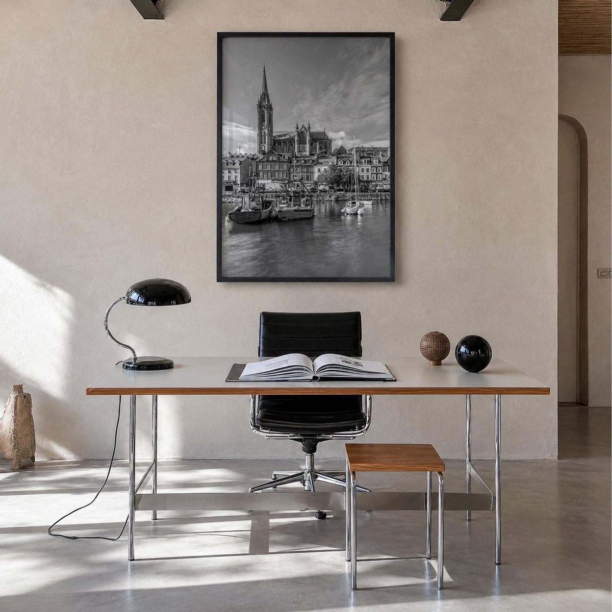 Cork black & white photo poster of Ireland – vertical wall art in black wood frame, hanging on wall