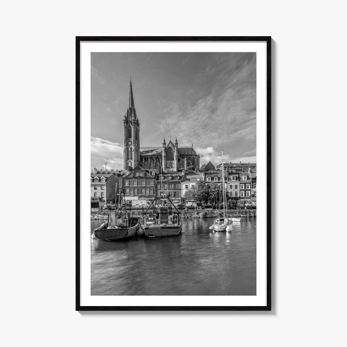 Cork black & white photo poster of Ireland – vertical wall art, unframed print shown in interior mockup