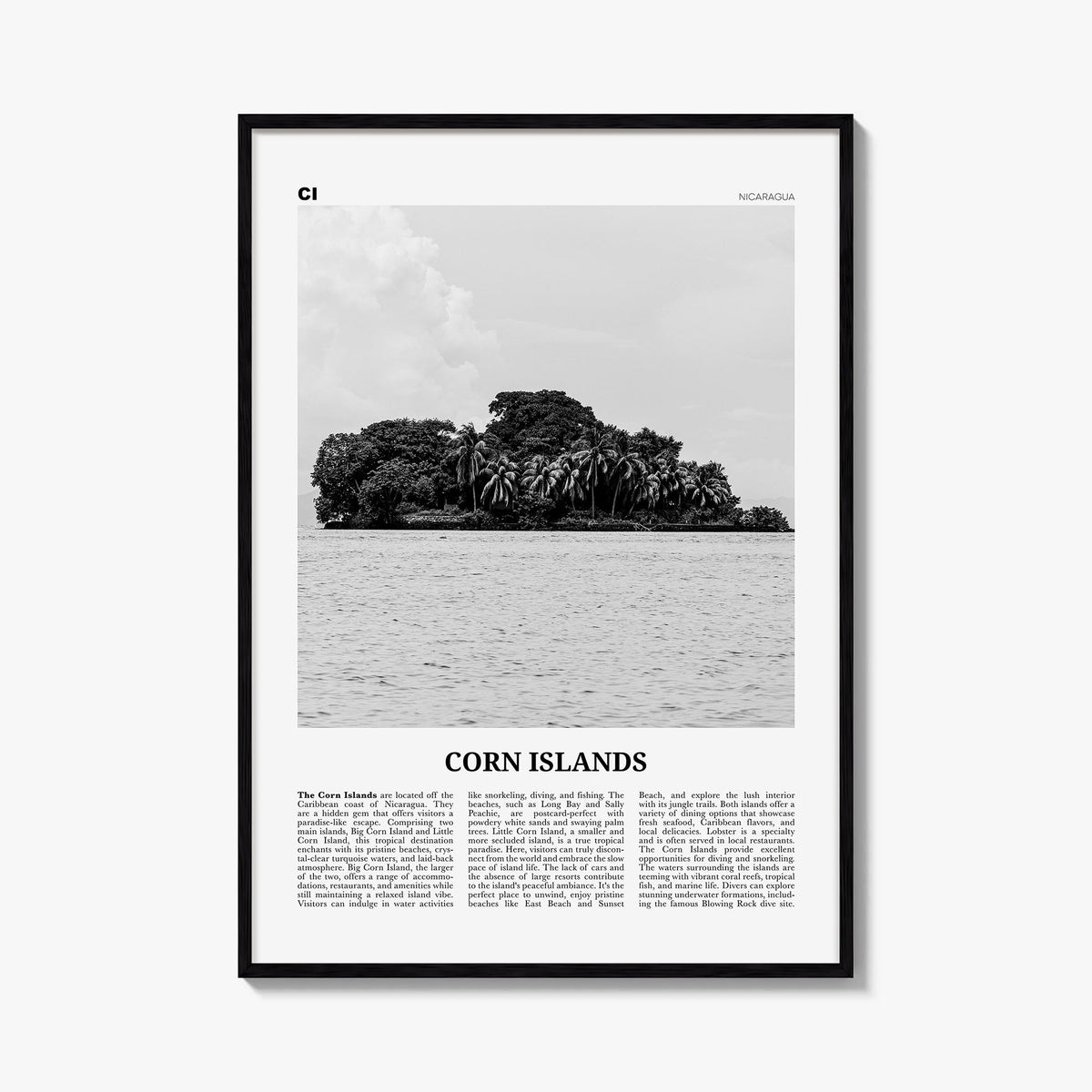 Corn Islands black & white newspaper poster of Nicaragua – vertical wall art, unframed print shown in interior mockup