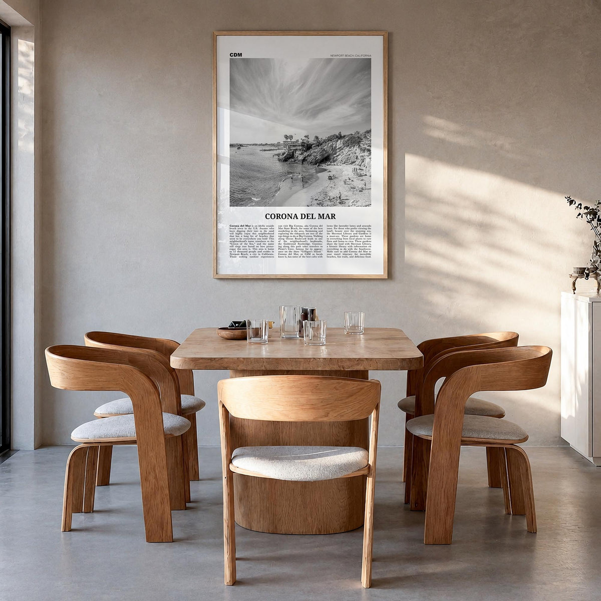 Corona del Mar black & white newspaper poster of Newport Beach, California – vertical wall art in natural wood frame, hanging