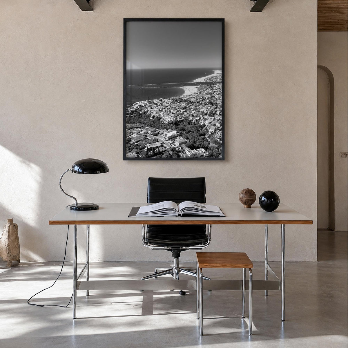 Corona del Mar black & white photo poster of Newport Beach, California – vertical wall art in black wood frame, hanging on wa