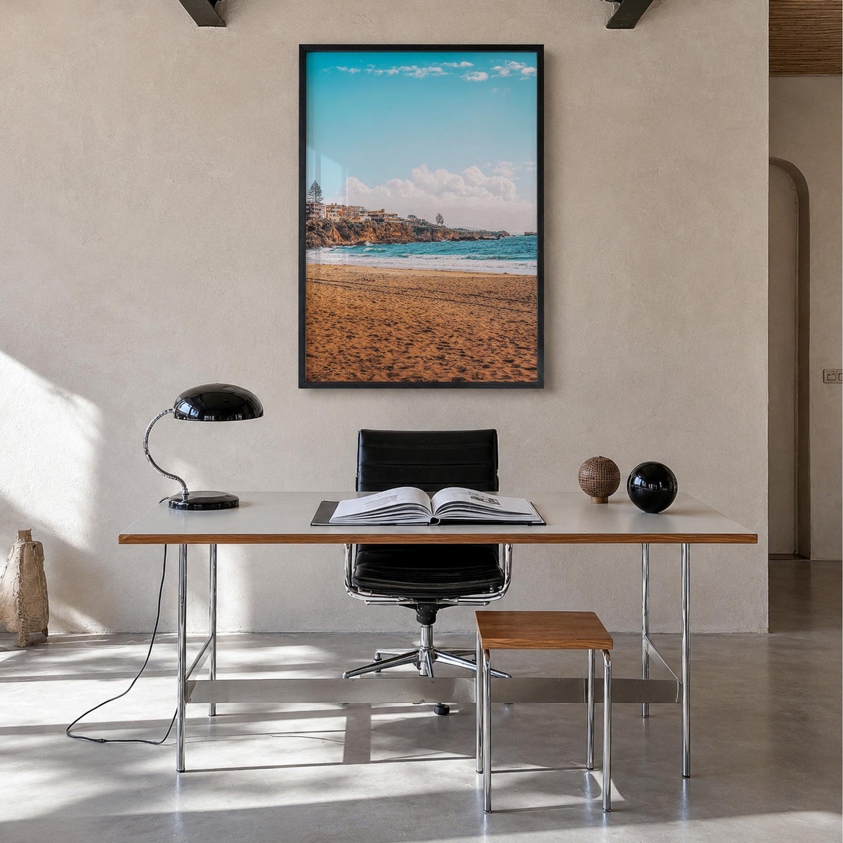 Corona del Mar colorful photo poster of Newport Beach, California – vertical wall art in black wood frame, hanging on wall