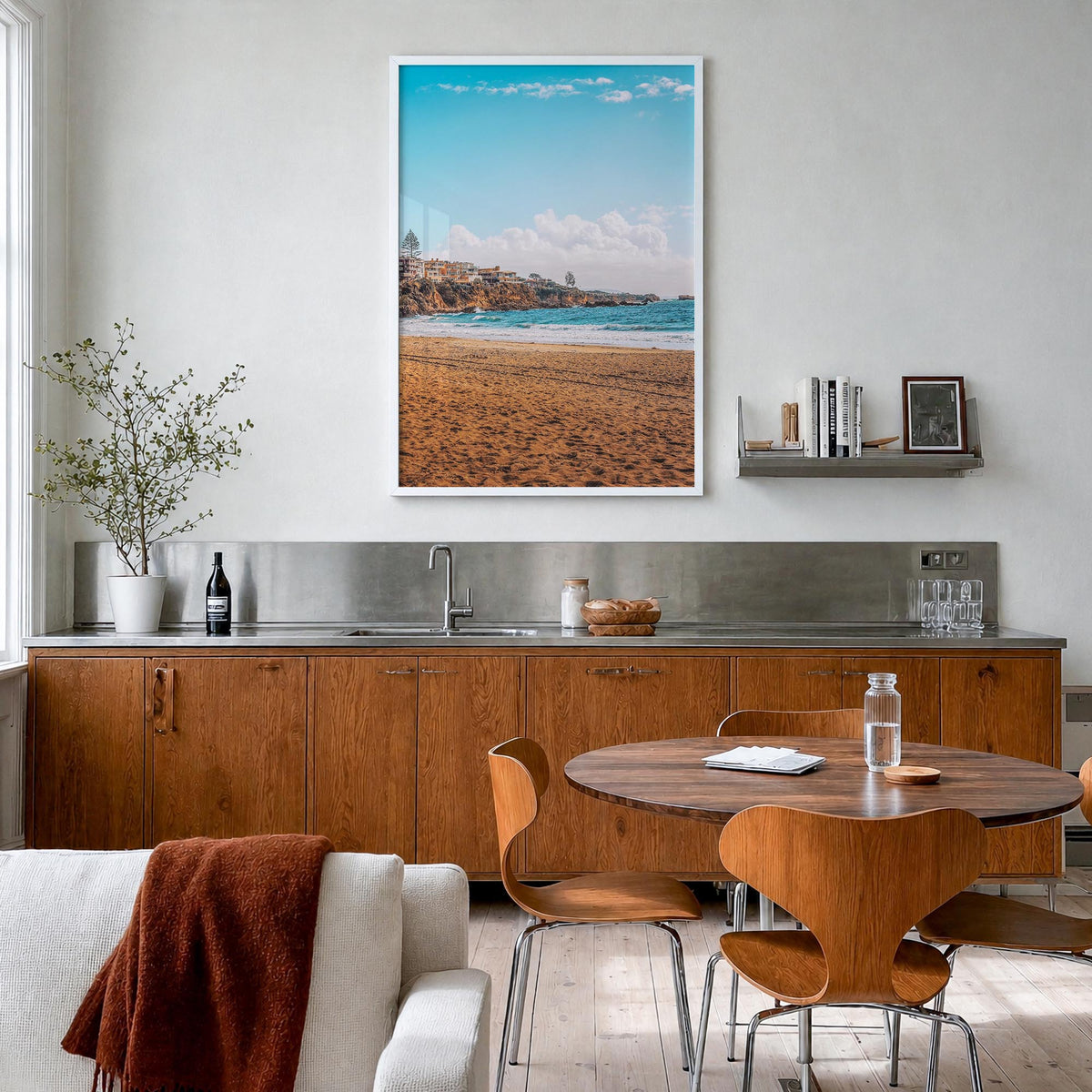 Corona del Mar colorful photo poster of Newport Beach, California – vertical wall art in white wood frame, hanging on wall
