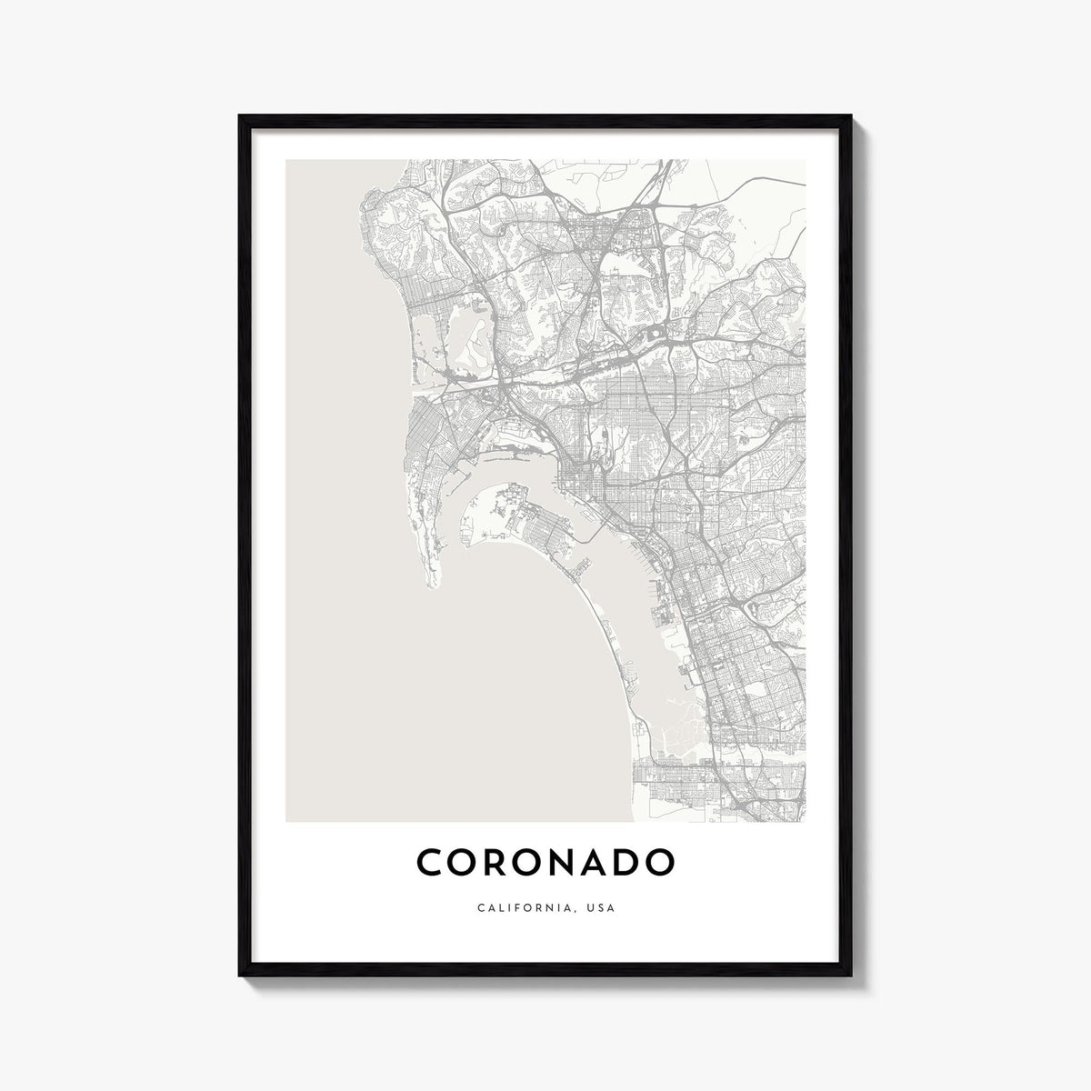 Coronado black & white map poster of California, USA – vertical wall art, unframed print shown in interior mockup