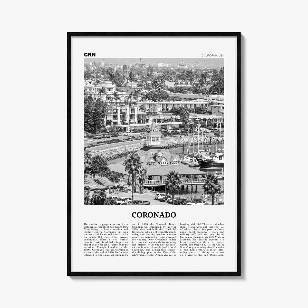 Coronado black & white newspaper poster of California, USA – vertical wall art, unframed print shown in interior mockup