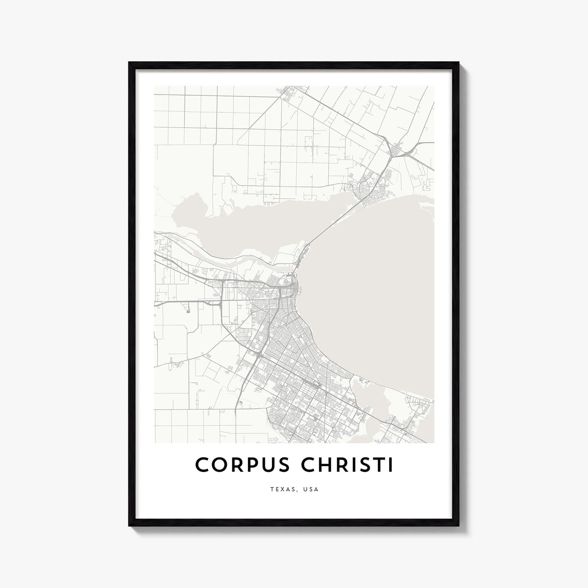 Corpus Christi black & white map poster of Texas, USA – vertical wall art, unframed print shown in interior mockup