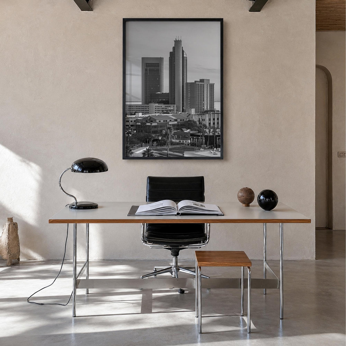 Corpus Christi black & white photo poster of Texas, USA – vertical wall art in black wood frame, hanging on wall