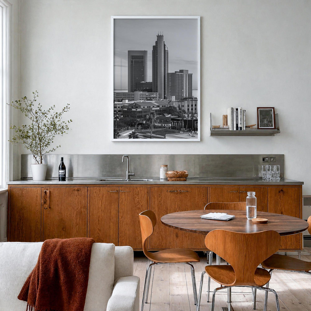 Corpus Christi black & white photo poster of Texas, USA – vertical wall art in white wood frame, hanging on wall