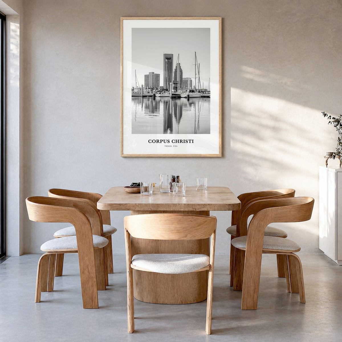 Corpus Christi Classic Poster in a natural wood frame, hanging in a dining room
