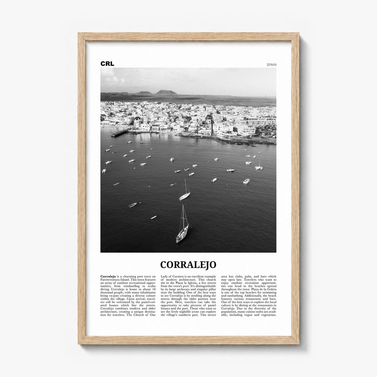 Corralejo Newspaper Poster in a natural wood frame