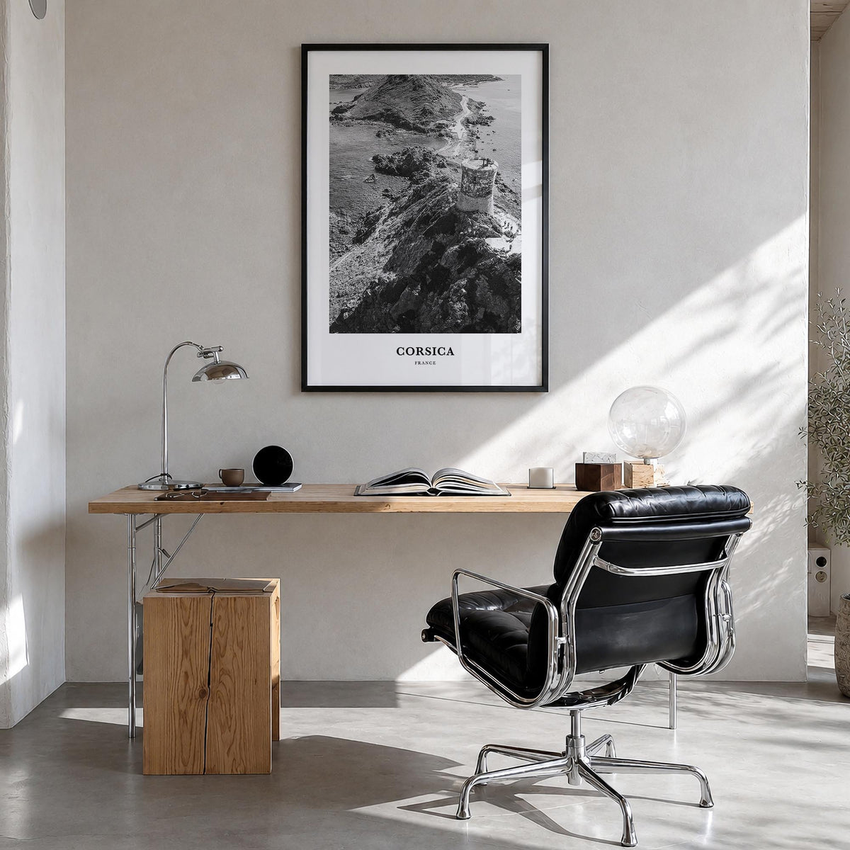 Corsica black & white classic poster of France – vertical wall art in black wood frame, hanging on wall
