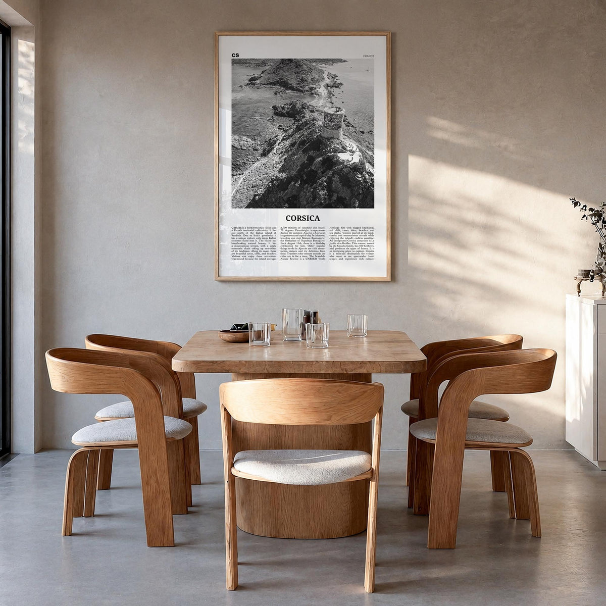 Corsica black & white newspaper poster of France – vertical wall art in natural wood frame, hanging on wall
