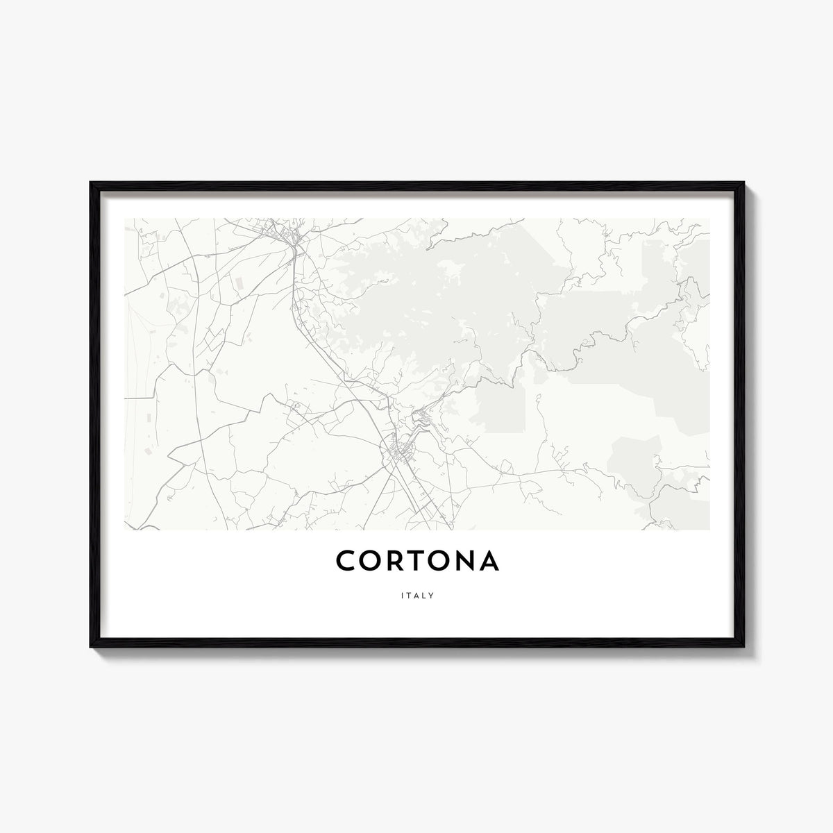 Cortona black & white map poster of Italy – horizontal wall art, unframed print shown in interior mockup