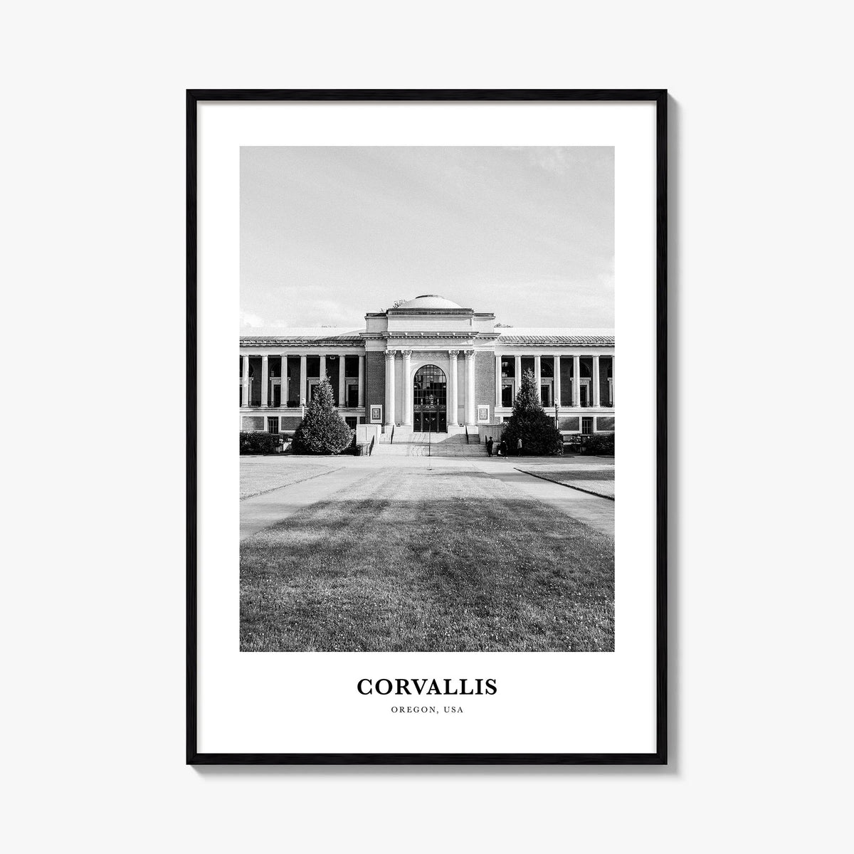 Corvallis black & white classic poster of Oregon, USA – vertical wall art, unframed print shown in interior mockup