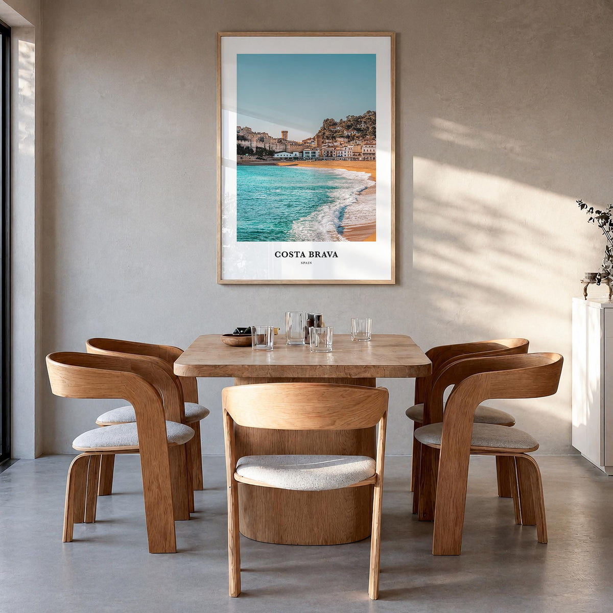 Costa Brava no. 1 colorful classic poster of Spain – vertical wall art in natural wood frame, hanging on wall
