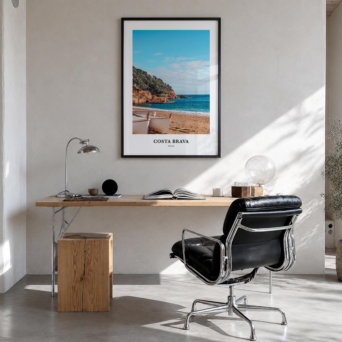 Costa Brava no. 2 colorful classic poster of Spain – vertical wall art in black wood frame, hanging on wall