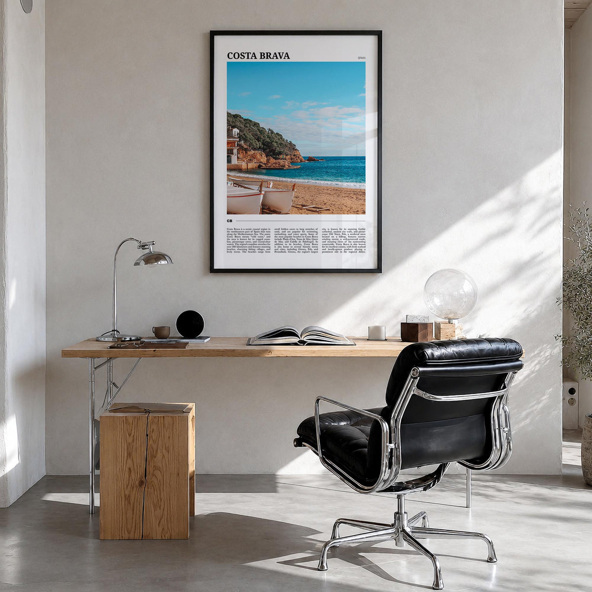 Costa Brava no. 2 colorful travel poster of Spain – vertical wall art in black wood frame, hanging on wall