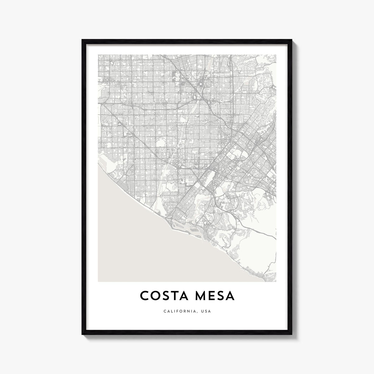 Costa Mesa black & white map poster of California, USA – vertical wall art, unframed print shown in interior mockup