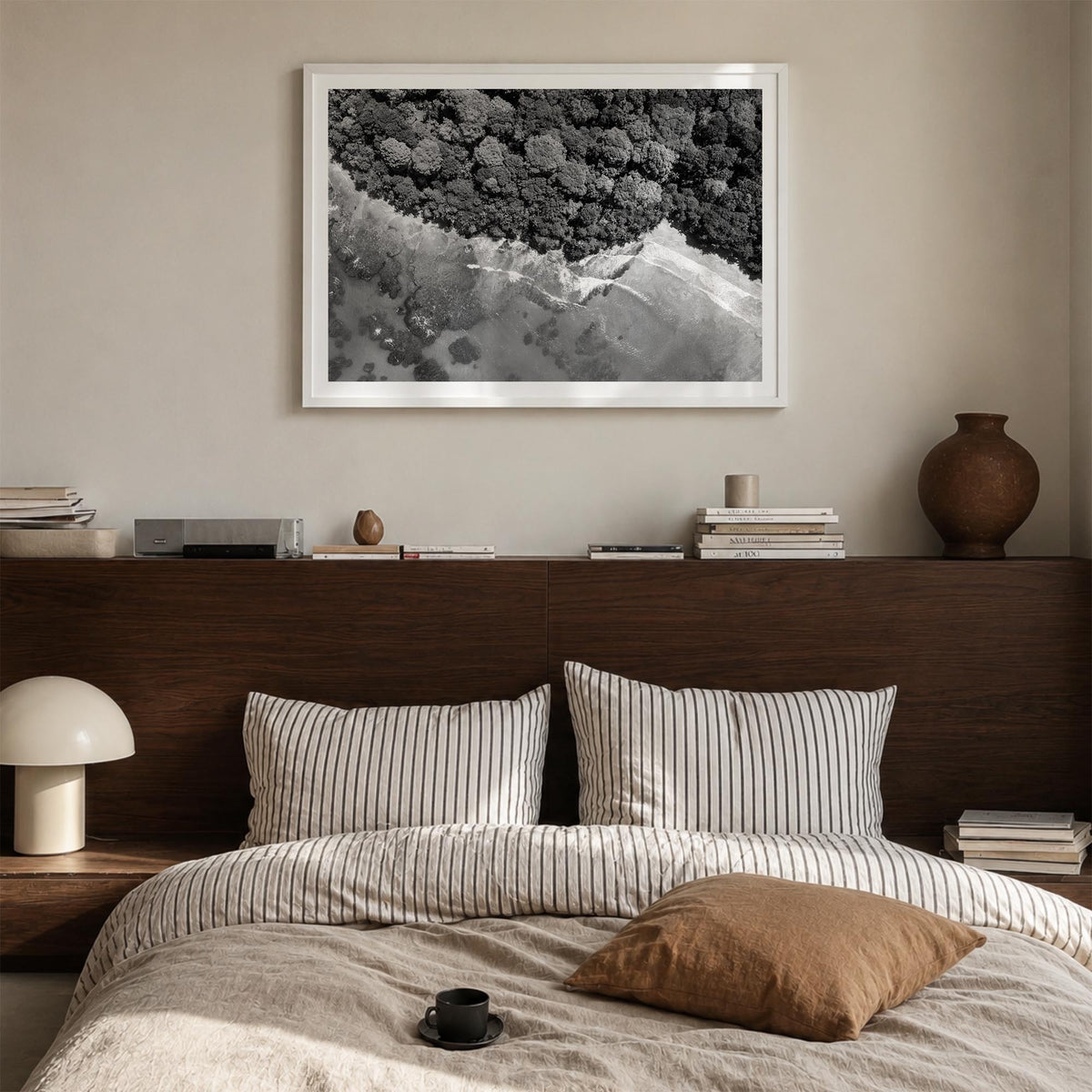 Costa Rica black & white photo poster of Central America – horizontal wall art in white wood frame with white border, hanging