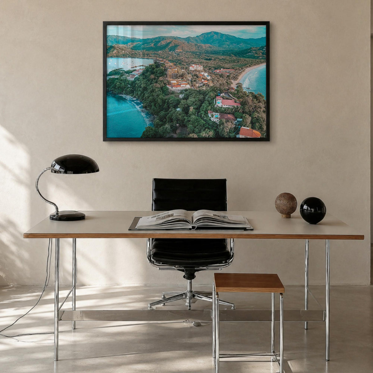 Costa Rica colorful photo poster of Central America – horizontal wall art in black wood frame, hanging on wall
