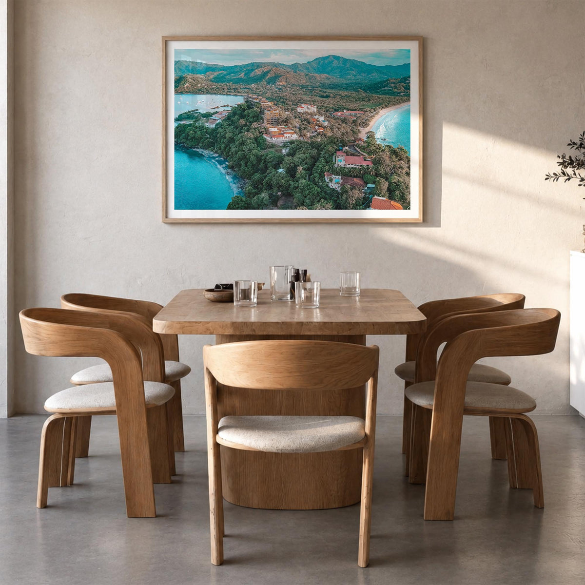 Costa Rica colorful photo poster of Central America – horizontal wall art in natural wood frame with white border, hanging on